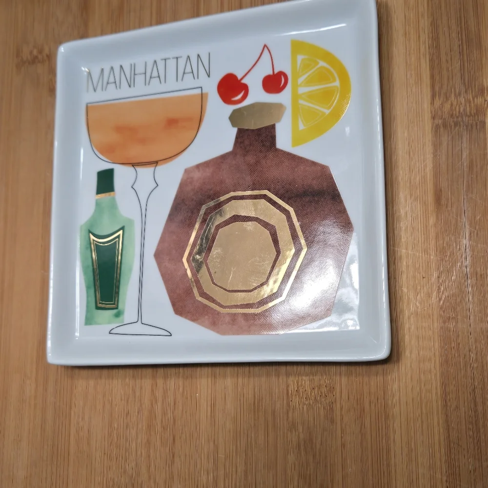 Crate & Barrel Manhattan Recipe Plate Trinket Dish Appetizer, recipe on back